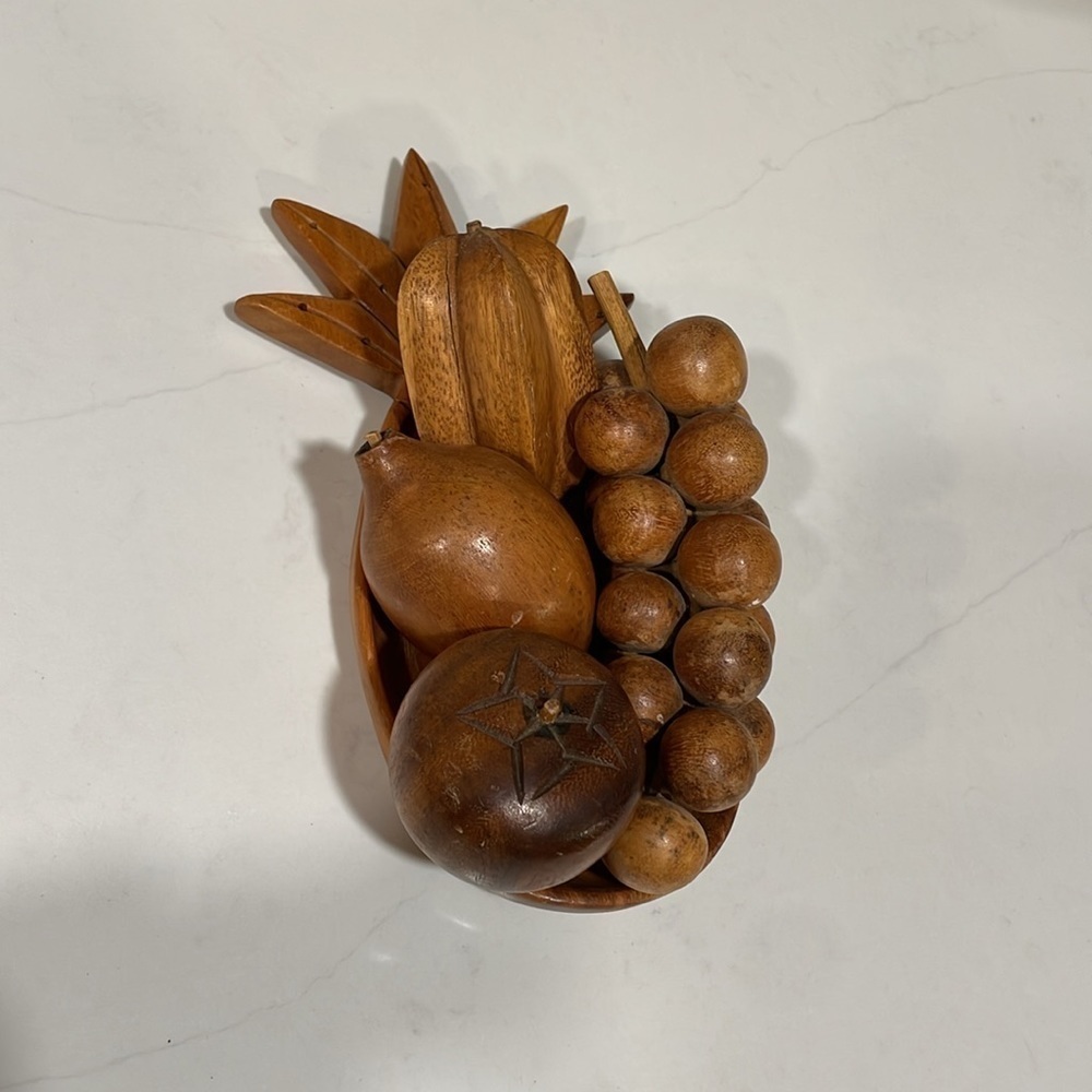 Hand Carved Wood Fruit Tray Banana Pineapple Apple Walnut Vintage MCM